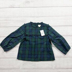 Crewcuts Girls Plaid Top Green Blue Plaid Ruffle Yoke Long Sleeve NWT 4-5